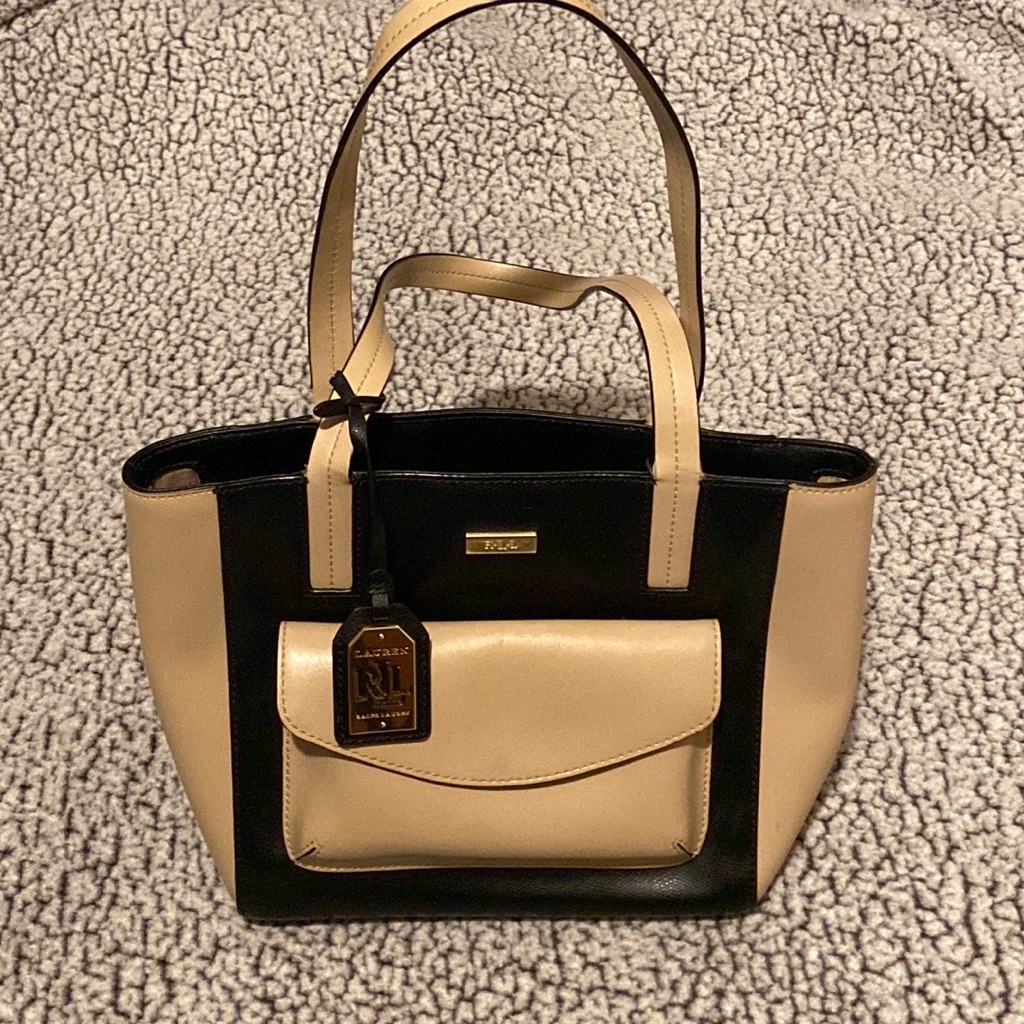 Ralph Lauren Rll Genuine Cows Leather Handbag. Beige And Tan Color Block.